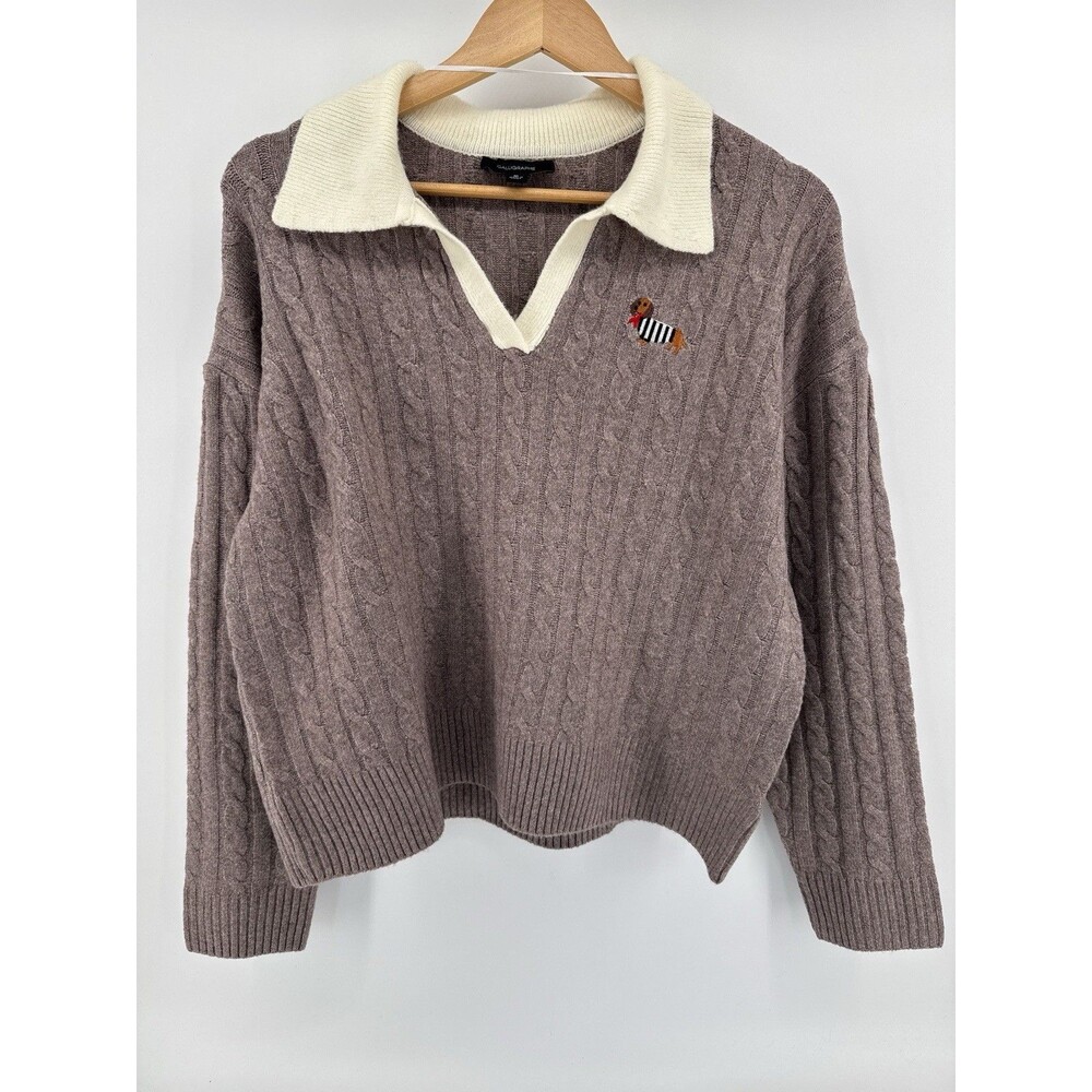 Anthropologie Calligraphie Cable Knit Polo Sweater Dachshund Weiner Dog Womans M